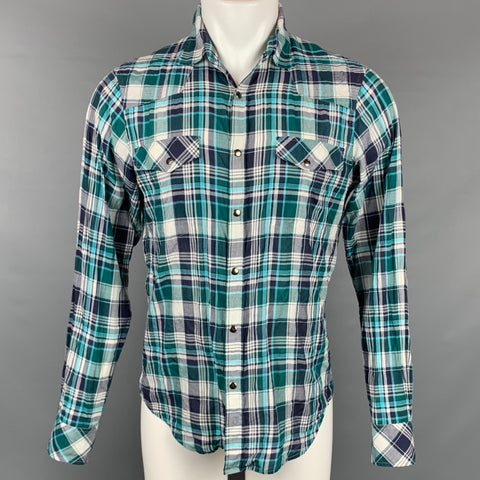 THEORY Size M Green & Navy Plaid Cotton Button Down Long Sleeve Shirt