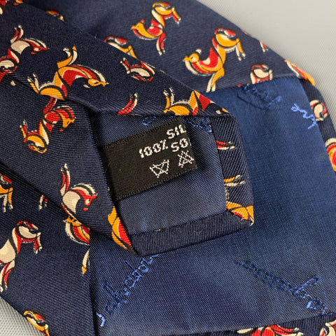 SALVATORE FERRAGAMO Navy Red Yellow Horse Print Silk Tie