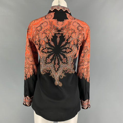 ETRO Taille 2 Orange Noir Soie Paisley Blouson Robe Top
