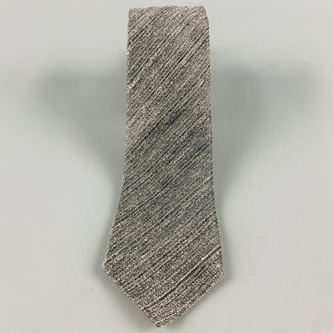 ERMENEGILDO ZEGNA Grey White Diagonal Stripe Linen Silk Tie