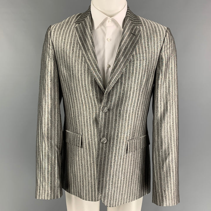 ROBERTO CAVALLI Size 40 Silver Black Stripe Wool Silk Sport Coat