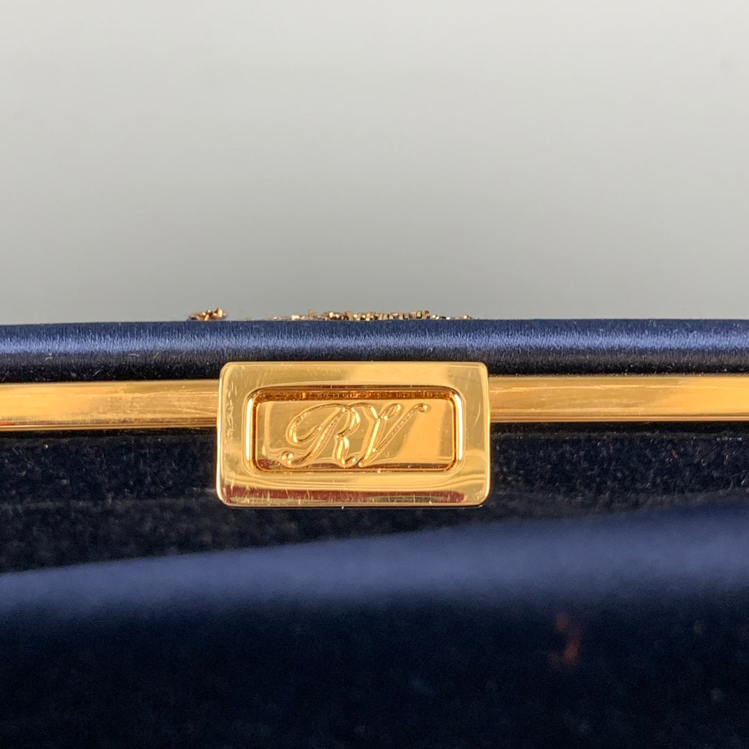 ROGER VIVIER Navy Gold Embroidered Silk Clutch Handbag