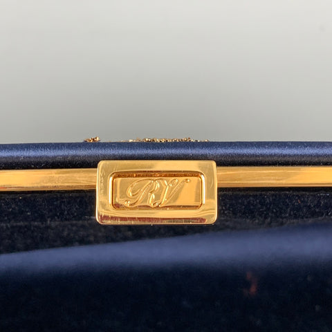 ROGER VIVIER Navy Gold Embroidered Silk Clutch Handbag