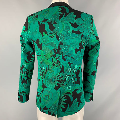 MR TURK Chest Size 36 Green & Black Floral Rayon Blend Notch Lapel Sport Coat