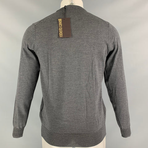 ROBERTO CAVALLI Size M Grey Embroidery Wool Crew-Neck Pullover