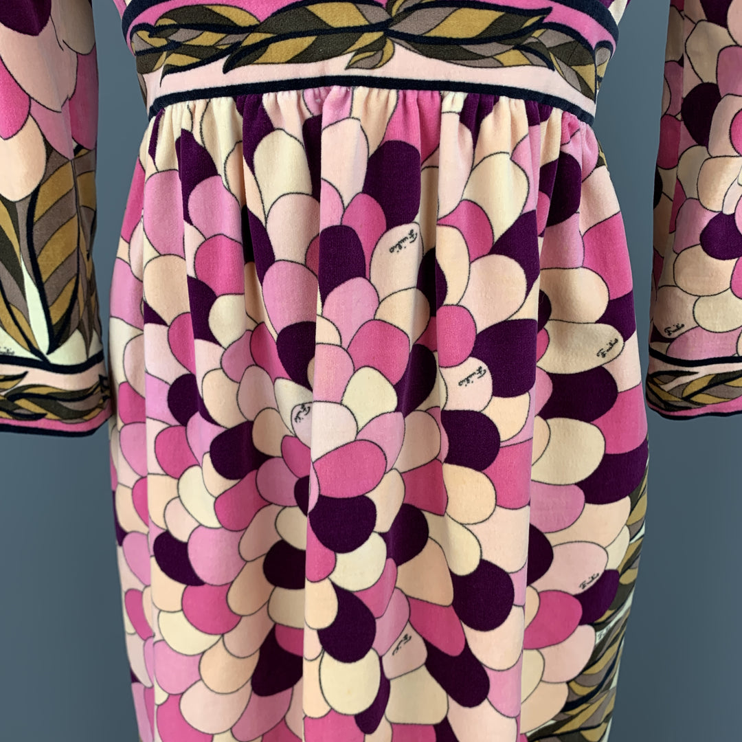 EMILIO PUCCI Vintage Size 10 Pink Print Velvet A Line Long Sleeve Dress
