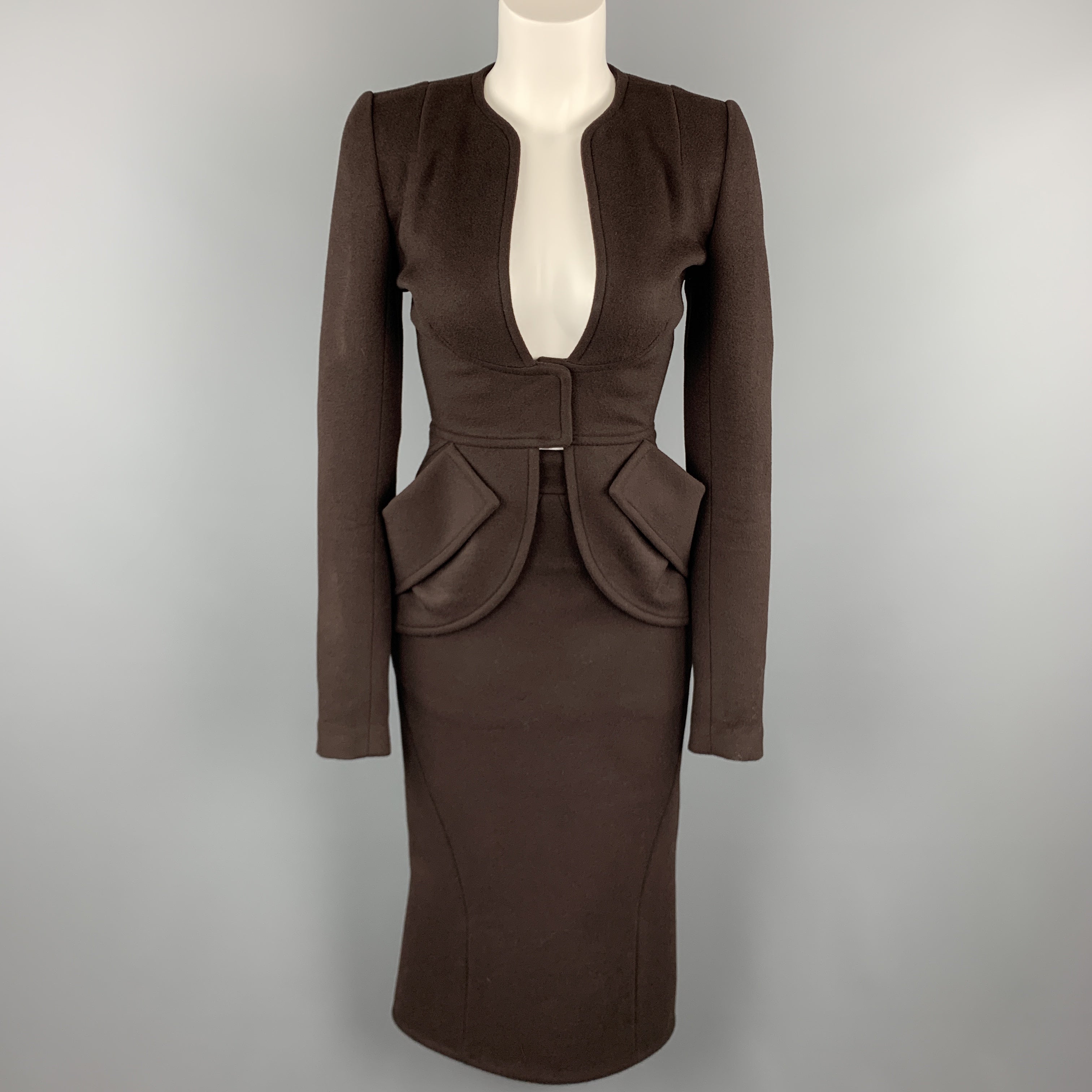 ZAC POSEN Size 2 Brown Felt Collarless Fishtail Pencil Skirt Suit Sui Generis Designer Consignment