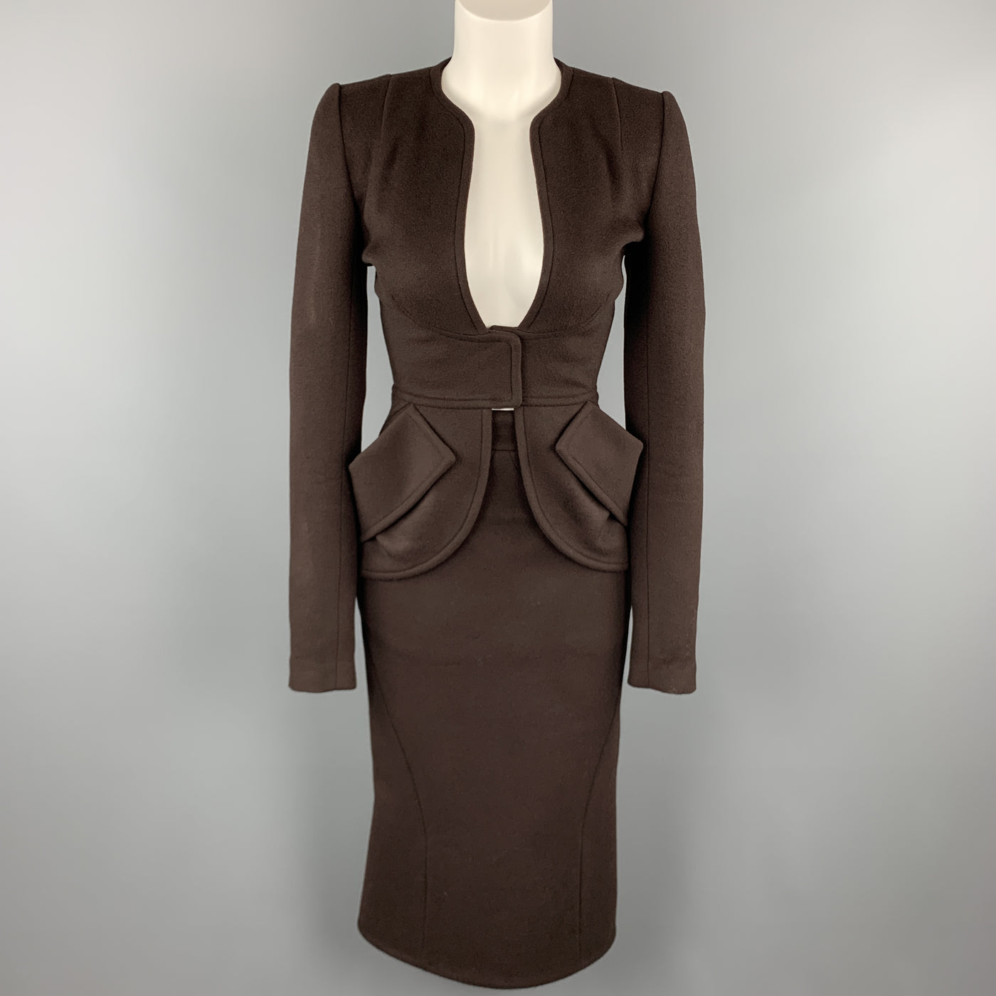 ZAC POSEN Size 2 Brown Felt Collarless Fishtail Pencil Skirt Suit