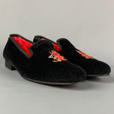 CROCKETT & JONES Size 8 Black Cheeky Devil Embroidery Velvet Slip On Loafers