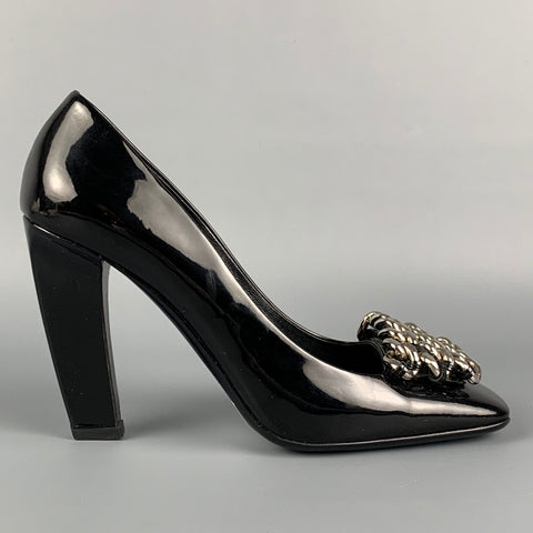 PRADA Size 7 Black Leather Chain Patent Leather Square Toe Pumps