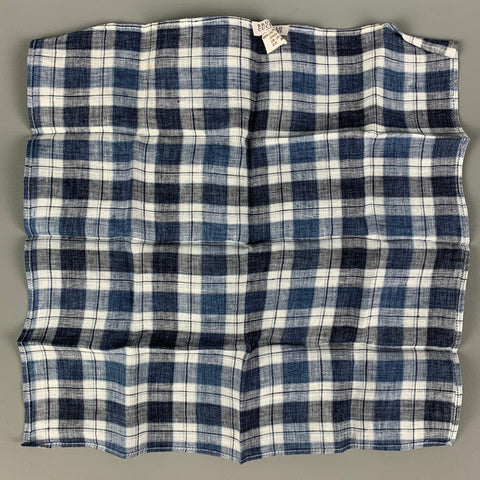 BRUNELLO CUCINELLI Navy Blue Brown Plaid Linen Pocket Square