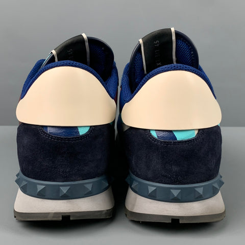 VALENTINO Size 12 Blue Multi-Color Camo Leather Rockrunner Sneakers