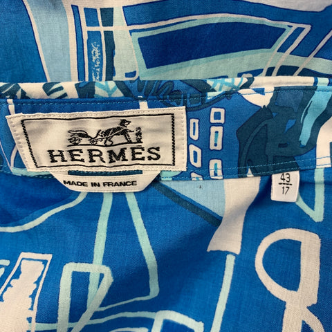 HERMES Size XL Blue White Print Cotton Zip Up Short Sleeve Shirt