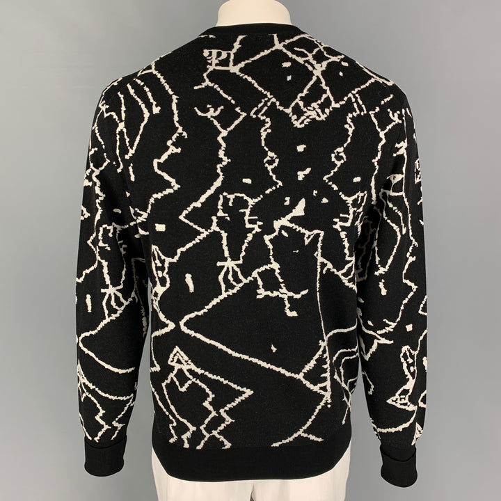 NEIL BARRETT Size L Black White Abstract Wool Viscose Blend Crew-Neck Sweater