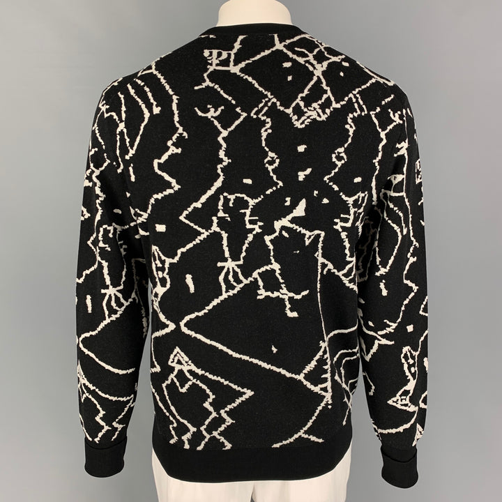 NEIL BARRETT Taille L Noir Blanc Abstrait Laine Viscose Mélange Pull à Col Rond