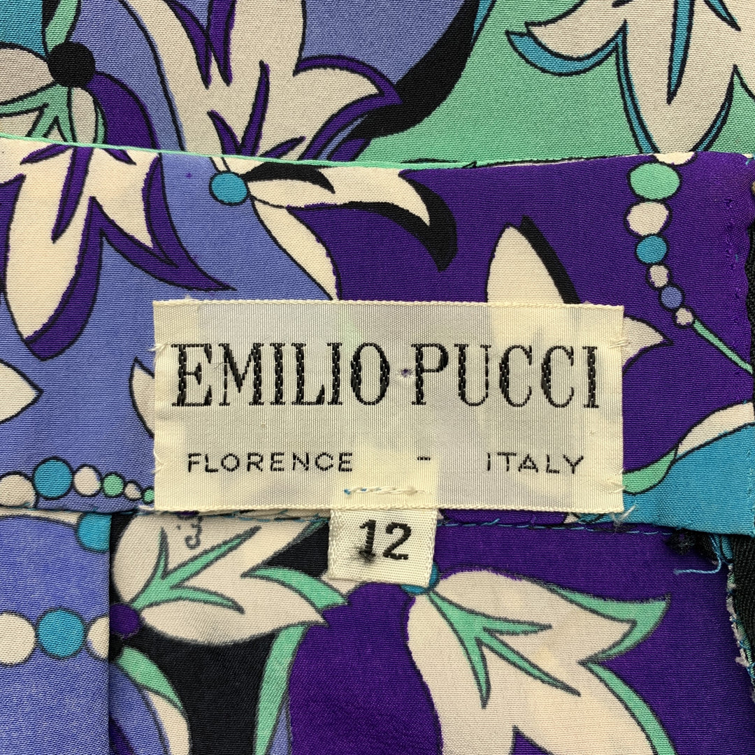 EMILIO PUCCI Vintage Size 12 Blue Floral Silk Wide Leg Pants