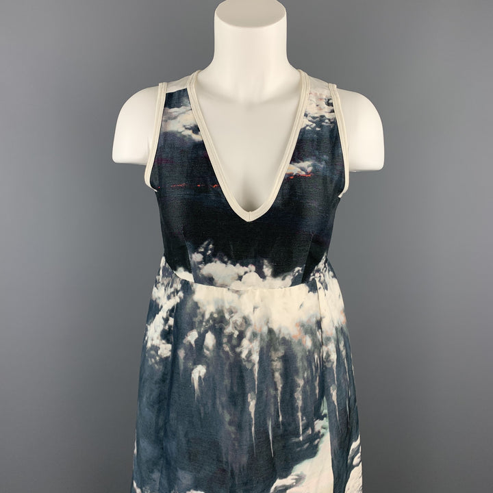 CARVEN Size XS Navy & White Linen / Silk Sleeveless Cocktail Dress