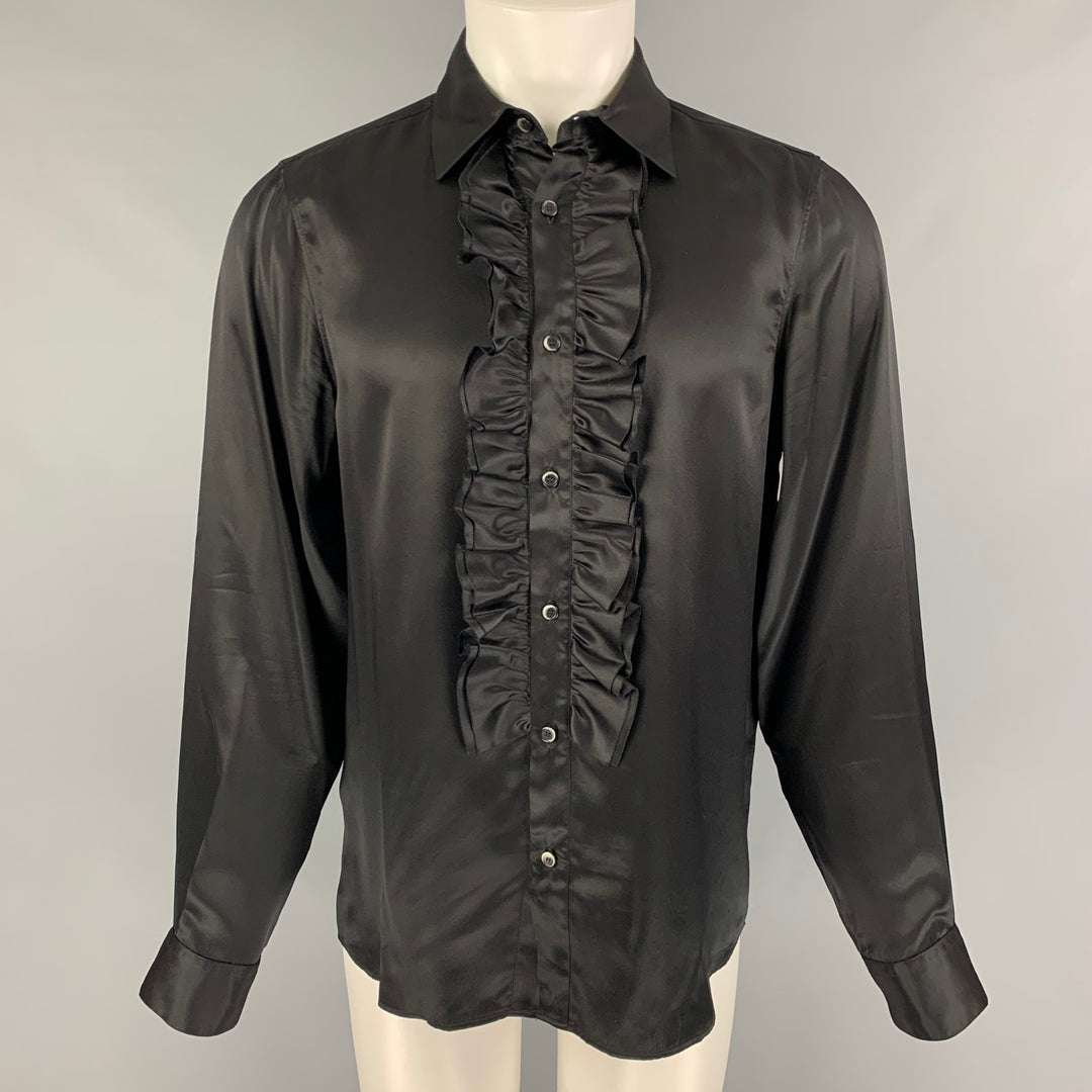 JOHN GALLIANO Size M Black Ruffled Silk Button Up Long Sleeve Shirt