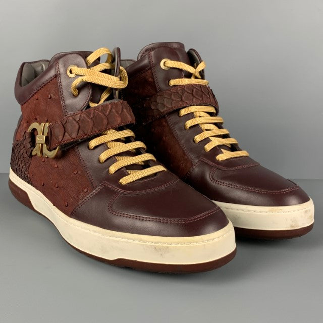 SALVATORE FERRAGAMO Size 10 Burgundy Leather Nayon Gancio High Top Sneakers