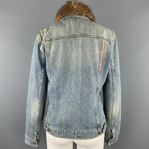 DOLCE & GABBANA Size 10 Blue Denim Fur Collar Trucker Jacket