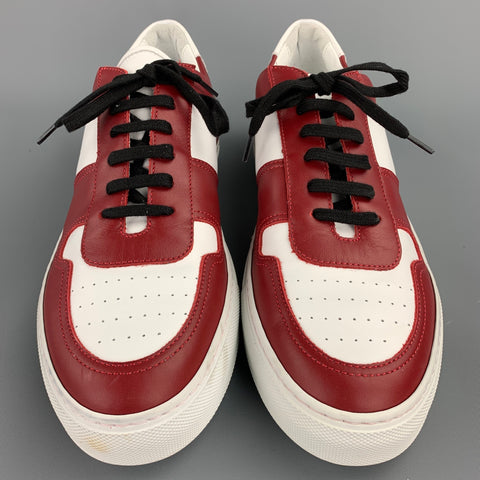 COMMON PROJECTS Size 11 White & Burgundy Color Block Leather Lace Up Sneakers