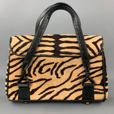 VAUGHN Brown & Beige Zebra Pony Hair Top Handles Handbag