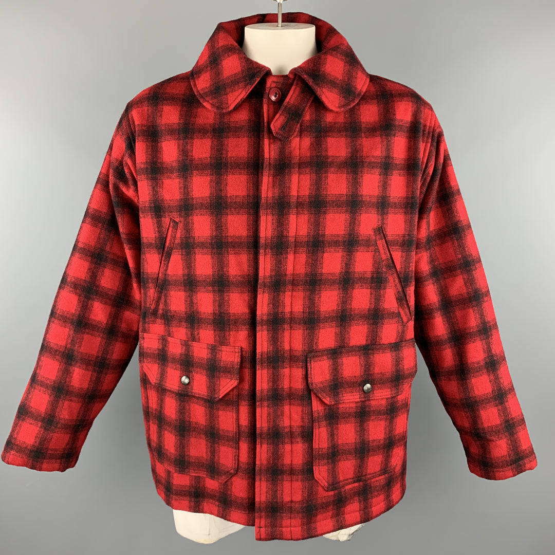 WOOLRICH Size L Red & Black Plaid Wool Hidden Buttons Hunter Coat