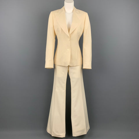 GUCCI Talla 6 Traje de pantalón ancho con solapa de pico de lana a rayas color crema y azul marino