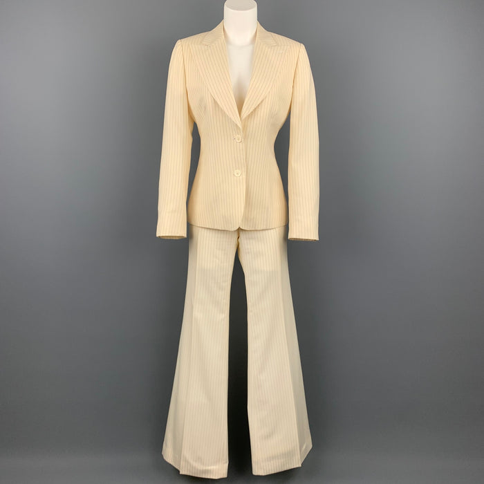 GUCCI Size 6 Cream &  Navy Pinstripe Wool Peak Lapel Wide Leg Pants Suit