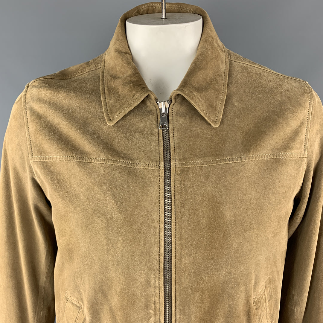 GANT L Tan Suede Zip Up Slit Pockets Buttoned Cuffs Bomber Style Jacket