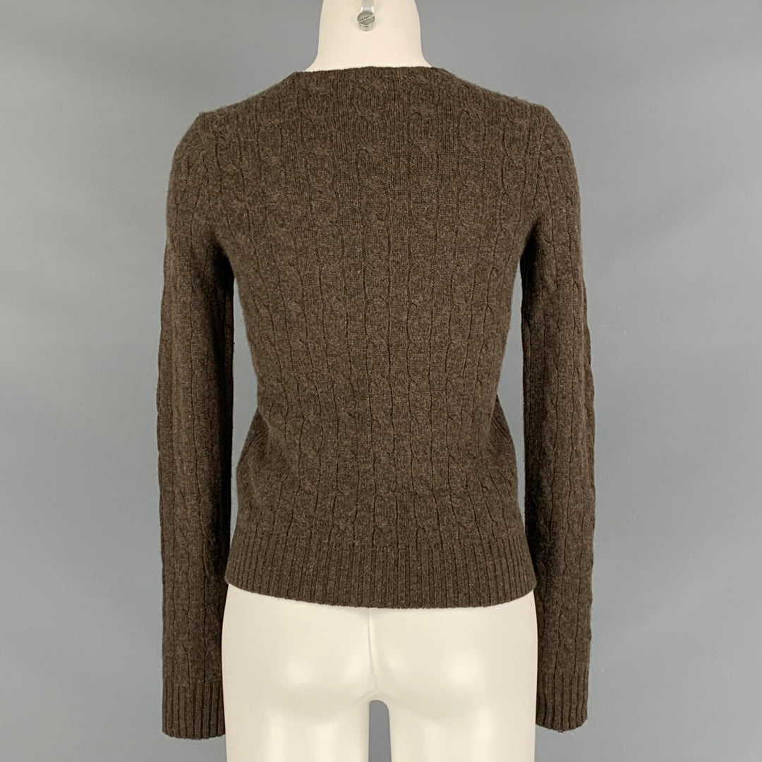RALPH LAUREN Brown Cashmere Cable Knit Crew-Neck Sweater