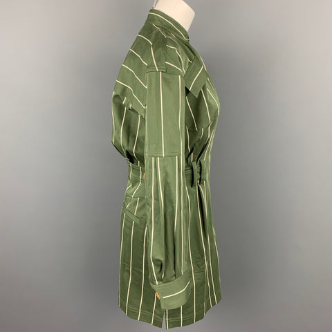 DEREK LAM Size 6 Olive & Cream Stripe Cotton Shirt Dress