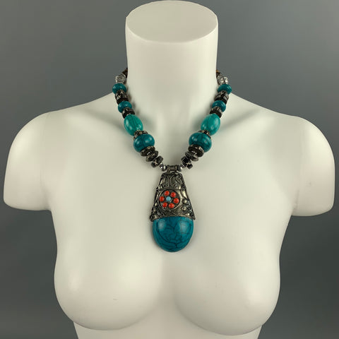 ZYRLAT Turquoise Silver Tone Beaded Necklace