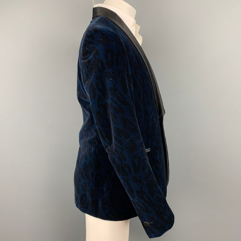 VERSACE COLLECTION Size 40 Navy & Black Leopard Print Shawl Collar Sport Coat