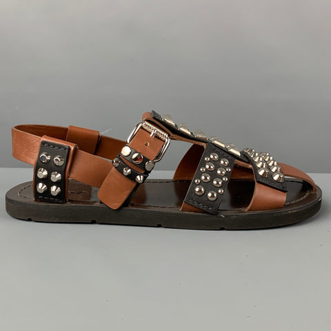 PRADA SS 18 Size 11 Black Brown Studded Leather Straps Sandals