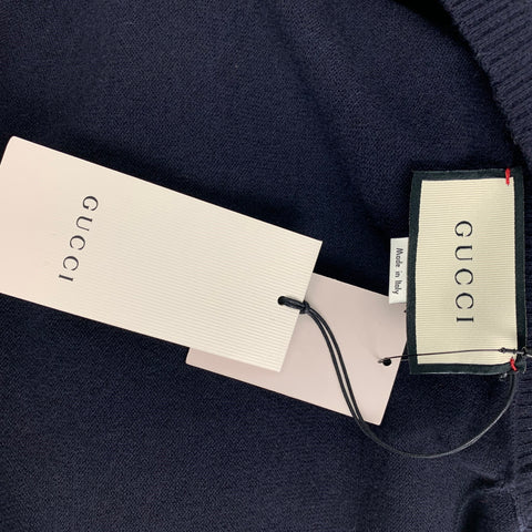 GUCCI Size L Navy Embroidery Wool V-Neck Cardigan