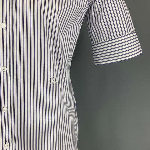 LOUIS VUITTON Size L White Navy Stripe Cotton Button Up Short Sleeve Shirt