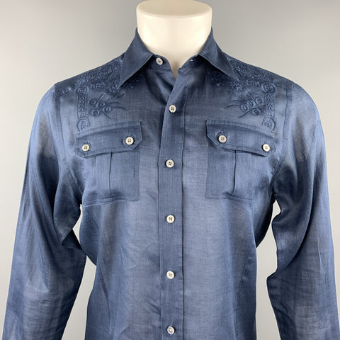 PAUL & JOE Size M Navy Embroidery Ramie Button Up Long Sleeve Shirt