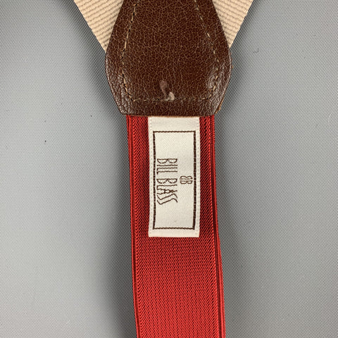 BILL BLASS Stripe Taupe & Red Leather Trim Elastic Suspenders