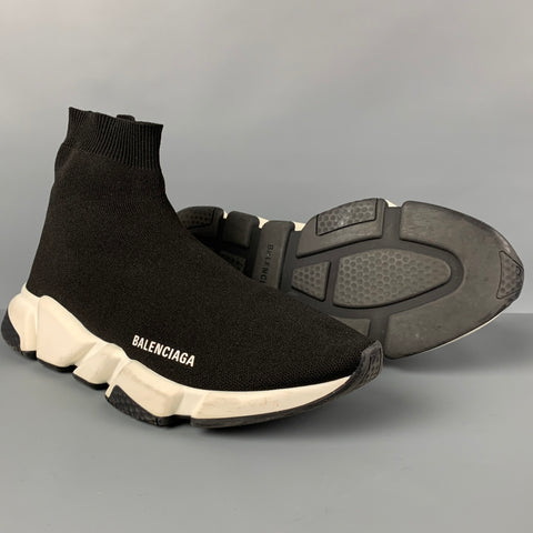 BALENCIAGA Size 10 Black White Logo Pull On Speed Sneakers