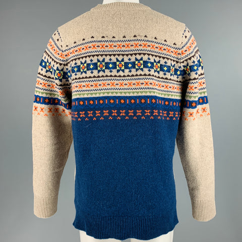 JOSEPH Size M Grey Blue Fair Isle Wool Crew-Neck Sweater