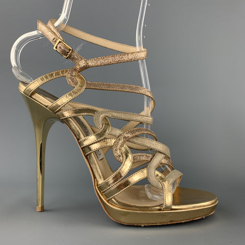 JIMMY CHOO Sandalias con tacón de metal y tiras de cuero brillante dorado Talla 9