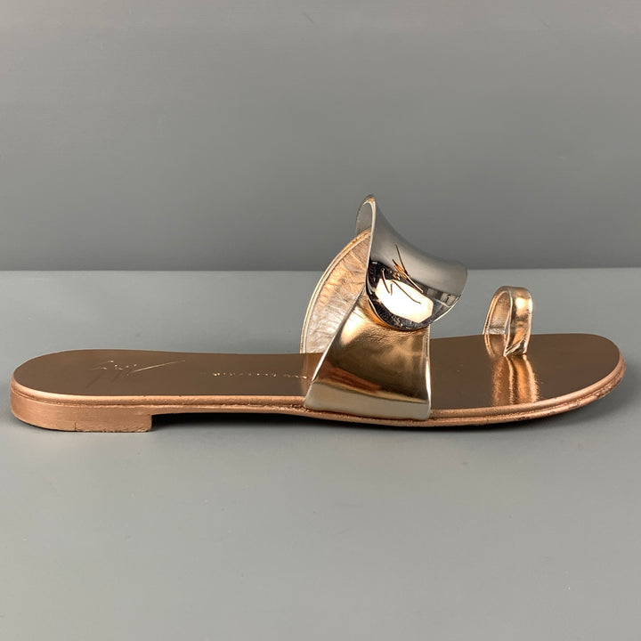 GIUSEPPE ZANOTTI Ramino Size 7 Gold Silver Metallic Leather Flat Sandals