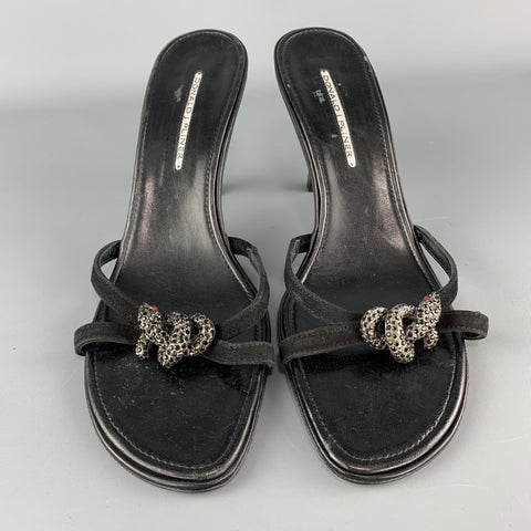 DONALD J PLINER Size 11.5  Black Leather Rhinestone Snake Strap Mule Sandals