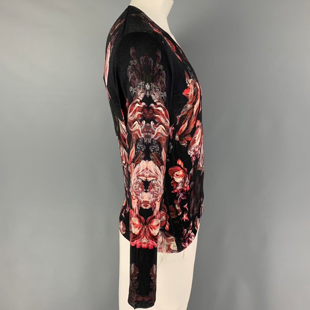 ALEXANDER MCQUEEN Size S Black Red Floral Wool V-Neck Pullover