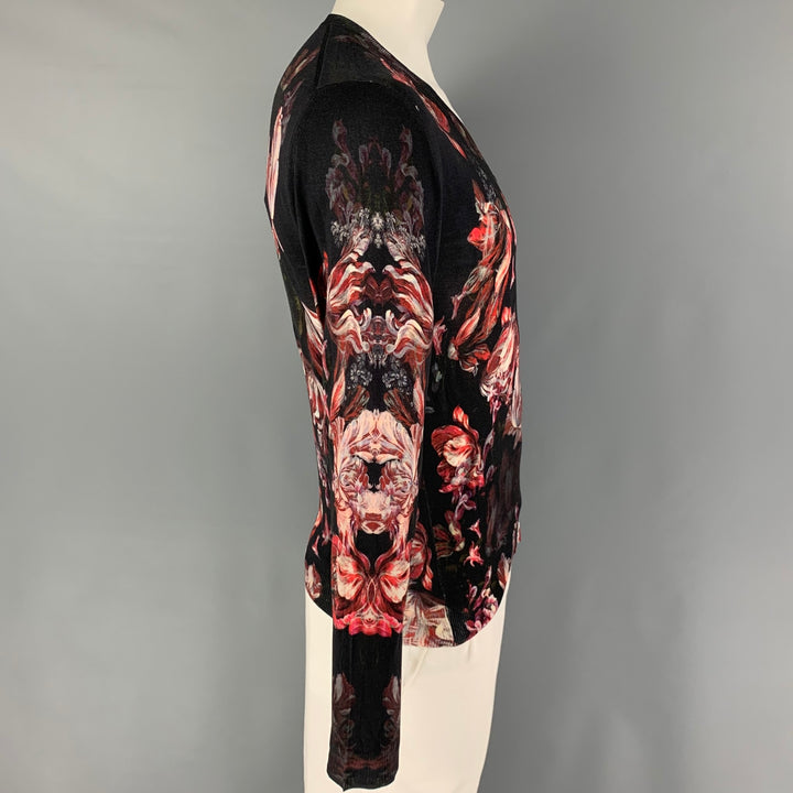 ALEXANDER MCQUEEN Size S Black Red Floral Wool V-Neck Pullover