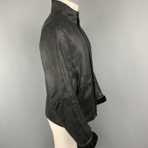 JIL SANDER Size 42  Black Shearling Leather High Collar Zip Up Jacket
