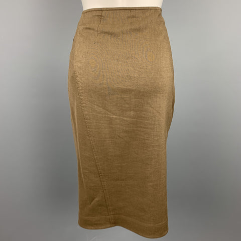 DONNA KARAN Size 4 Olive Twill Wool / Linen Draped Skirt