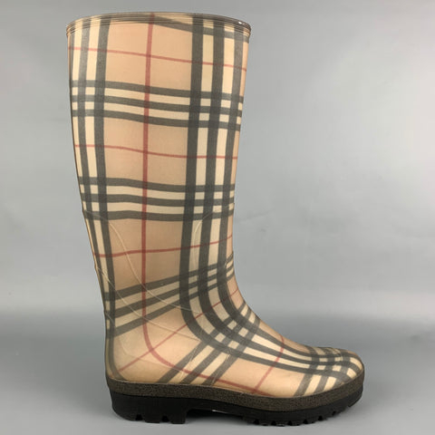 BURBERRY Size 10  Beige & Black Plaid Rubber Boots