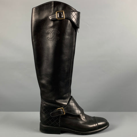 CHANEL Talla 10 Botas de montar de cuero negro